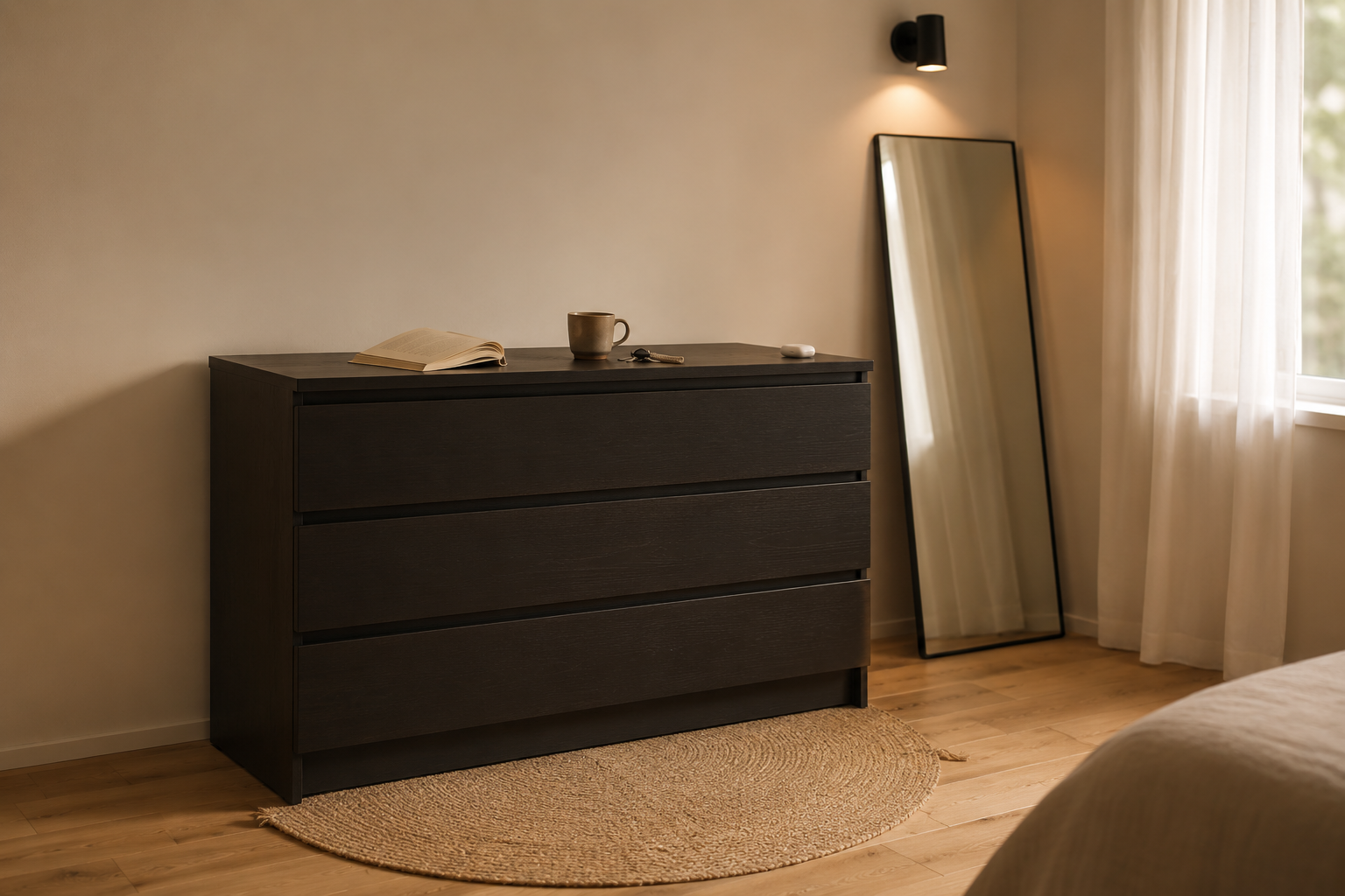 Комод IKEA MALM с 4 ящиками в чёрно-коричневом цвете, установленный в светлой скандинавской спальне