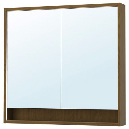 FAXÄLVEN Зеркальный шкаф с подсветкой - коричневый под дуб 100x15x95 см