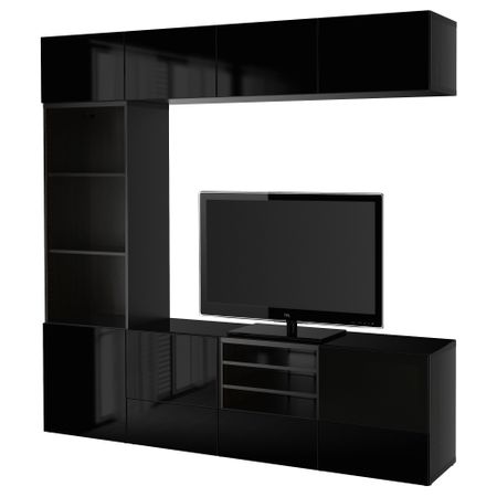 Шкаф для ТВ, комбинированный, стекляные дверцы БЕСТО, черно-коричневый, Сельсвикен глянцевый/черный дымчатое стекло (240x40x230