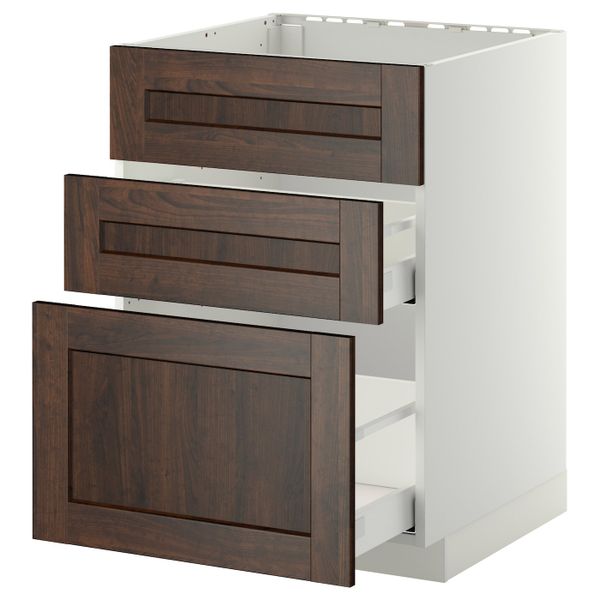 Напольный шкаф под мойку + 3 фронтальных панели/2ящ, белый/Эдсерум коричневый 60x60 см IKEA METOD МЕТОД / MAXIMERA МАКСИМЕРА - фото 1