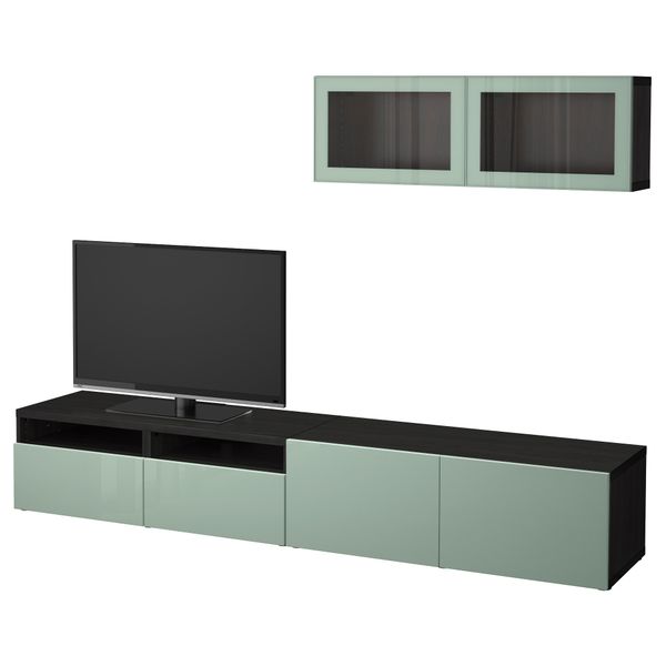 Шкаф для ТВ, комбинированный, стекляные дверцы БЕСТО, черно-коричневый Сельсвикен, глянцевый/серо-зеленый светлый прозрачное - фото 1