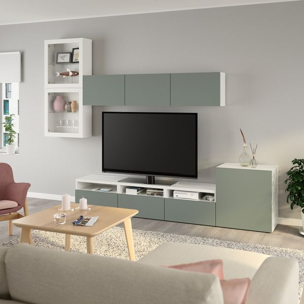 Шкаф для ТВ, комбинированный, стекляные дверцы, белый, Нотвикен серо-зеленый прозрачное стекло, 300x42x211 см IKEA БЕСТО - фото 2