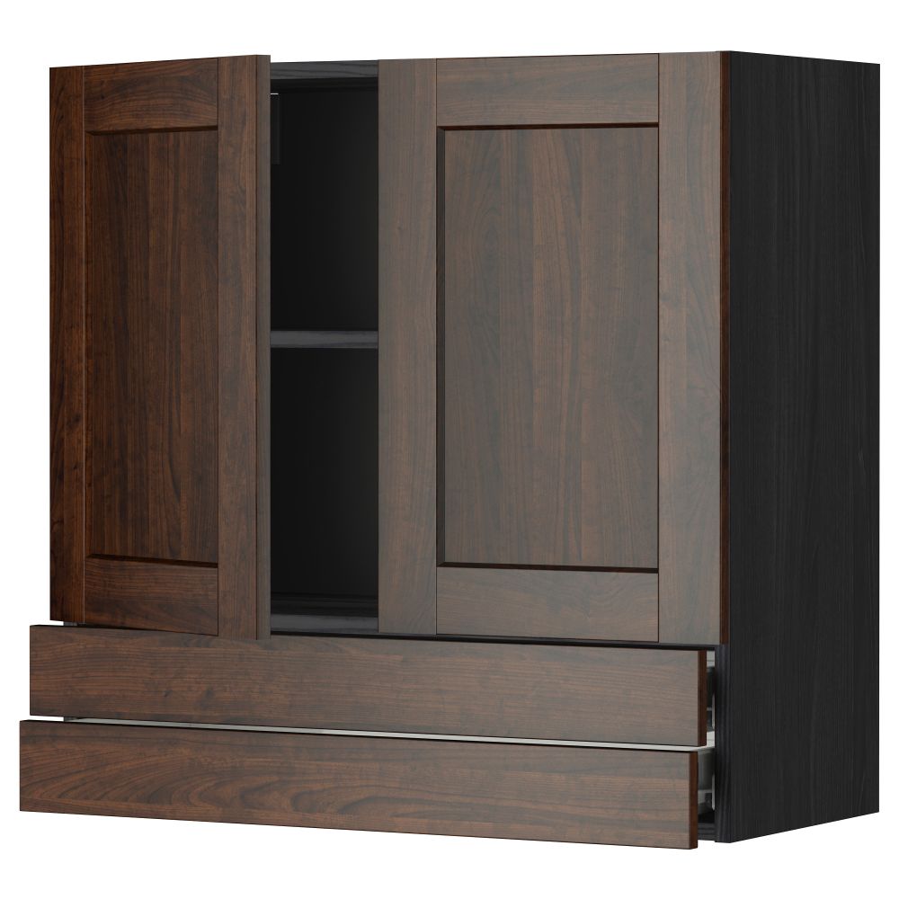 Навесной шкаф, 2 дверцы, 2 ящика МЕТОД / ФОРВАРА, черный, Эдсерум коричневый - фото 1