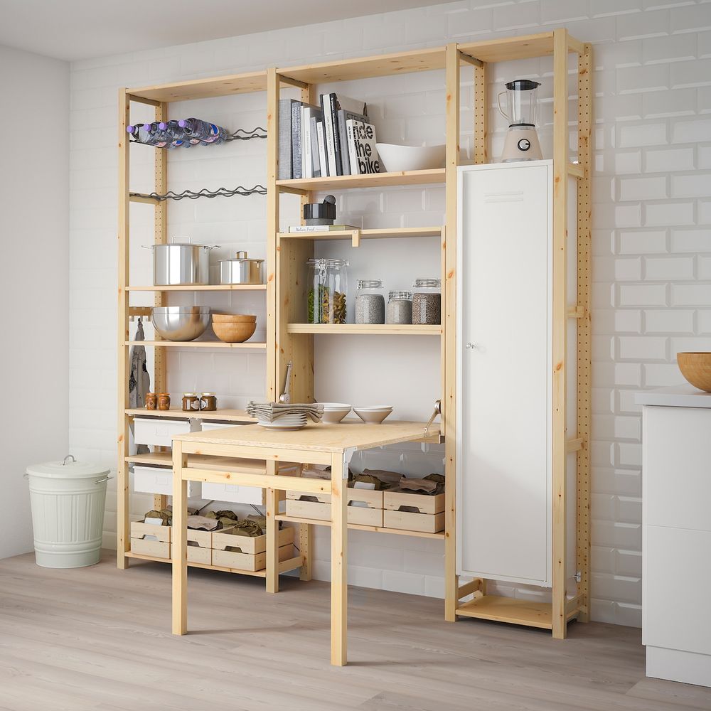 3 секции для хранения + складной столик, сосна, белый 219x30-104x226 см IKEA ИВАР 992.482.24 - фото 1