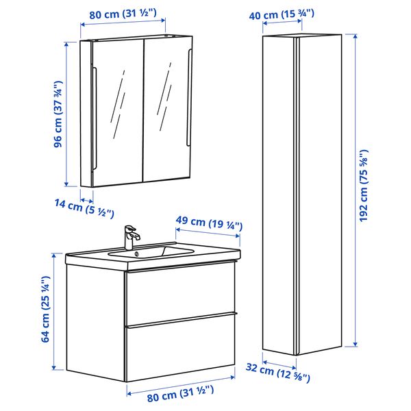 Комплект мебели для ванной, 5 предмета, 83 cm IKEA ODENSVIK ОДЕНСВИК, GODMORGON ГОДМОРГОН 893.045.12 - схема-чертеж с размерами