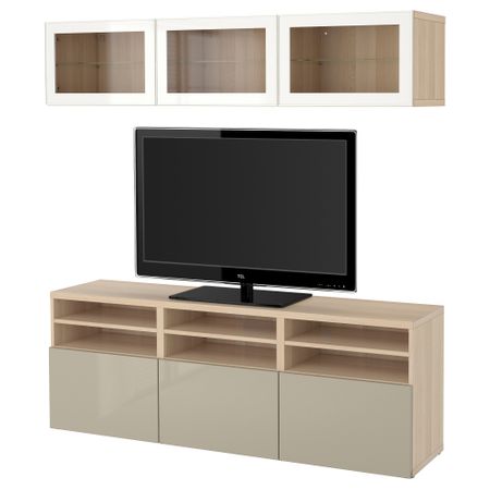 Шкаф для ТВ, комбинированный, стекляные дверцы БЕСТО, под беленый дуб, Сельсвикен глянцевый/бежевый прозрачное стекло