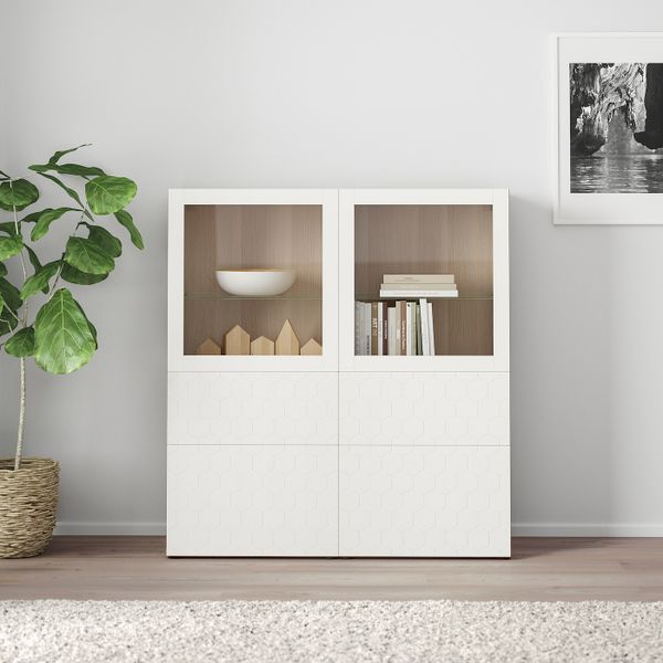 Комбинация для хранения + стеклянная дверц, под беленый дуб/вассвикен белый прозрачное стекло 120x40x128 см IKEA БЕСТО - фото 2