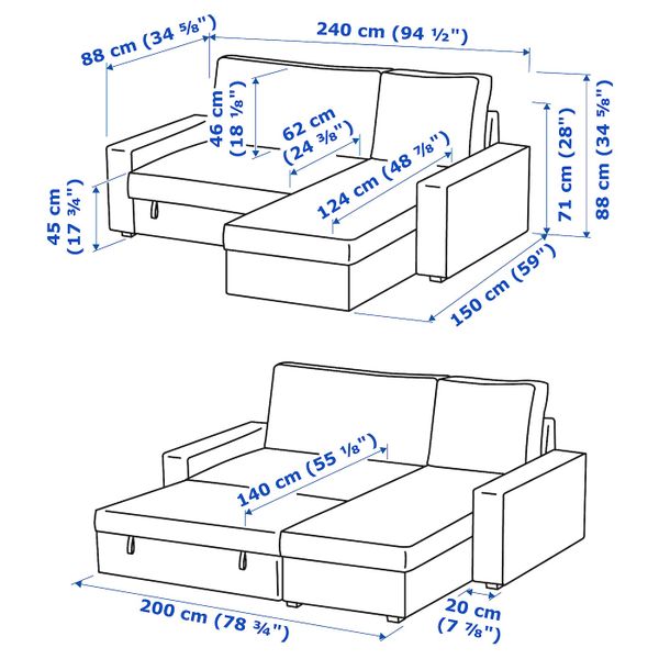 Диван-кровать с козеткой, Хилларед антрацит IKEA ВИЛАСУНД 192.824.53 - схема-чертеж с размерами
