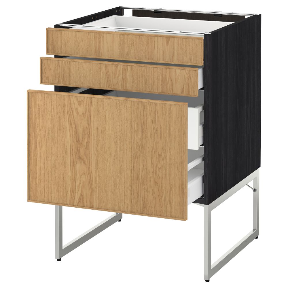 Напольный шкаф 3 фронтальных панели, 2 нижних, 2 средних ящика МЕТОД / МАКСИМЕРА, черный, Экестад дуб - схема-чертеж с размерами