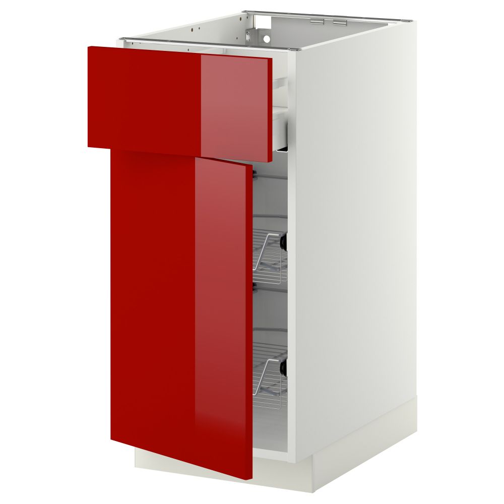 Напольный шкаф с проволочной корзиной, ящиком, дверью МЕТОД / МАКСИМЕРА, белый, Рингульт красный - схема-чертеж с размерами