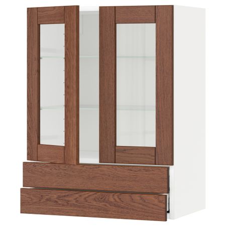 Навесной шкаф, 2 стеклянные дверцы, 2 ящика МЕТОД / МАКСИМЕРА, белый, Филипстад коричневый