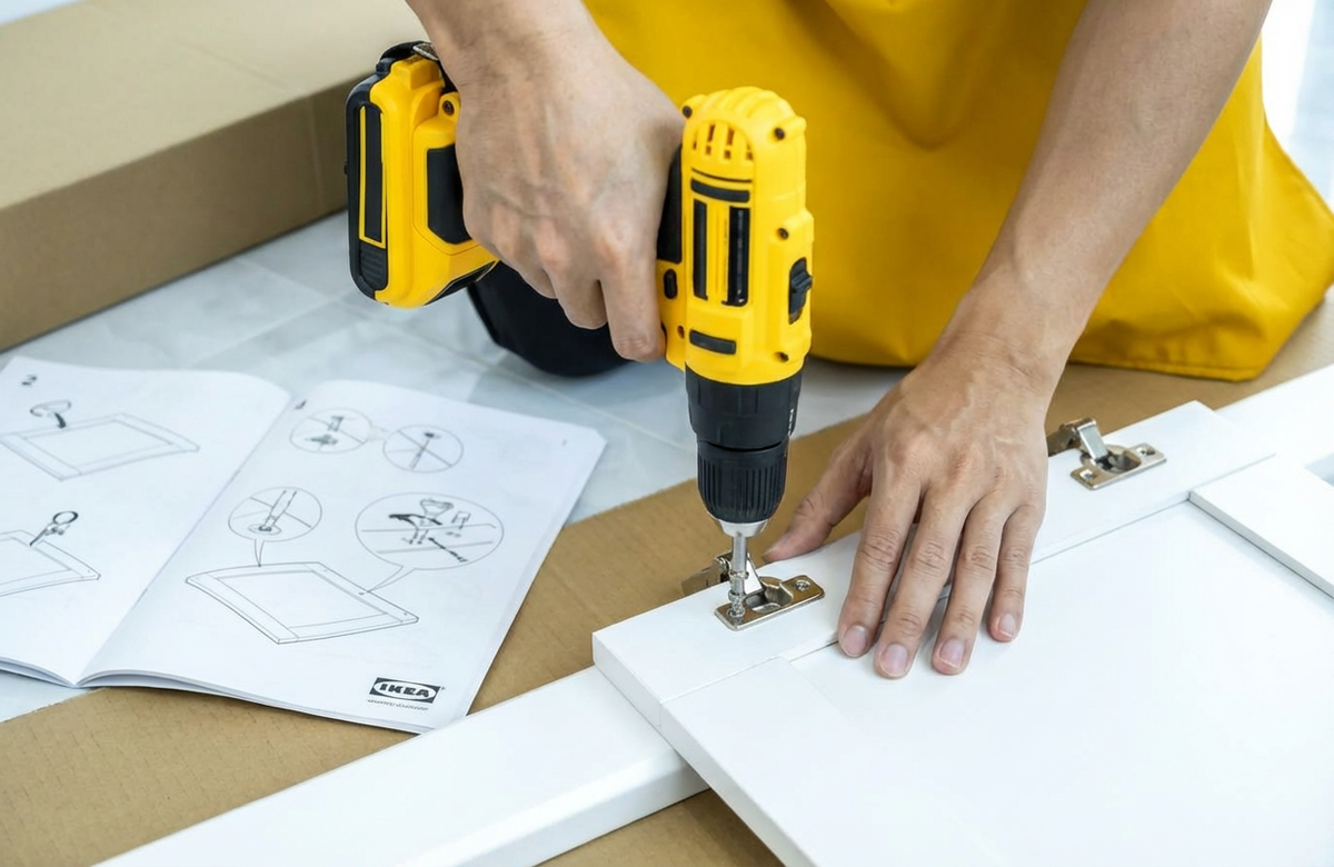 Руки мастера с шуруповертом собирают белый шкаф IKEA