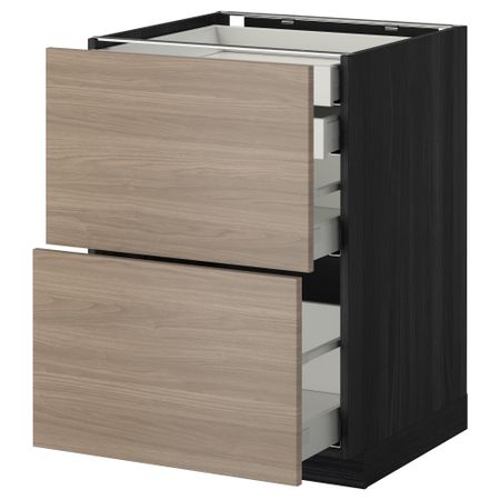 Напольный шкаф 2 фронтальные панели, 2 нижних, 1 средний, 1 высокий ящик МЕТОД / МАКСИМЕРА, черный, Брокхульт светло-серый