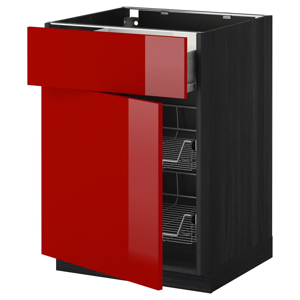 Напольный шкаф с проволочной корзиной, ящиком, дверью МЕТОД / ФОРВАРА, черный, Рингульт красный - схема-чертеж с размерами