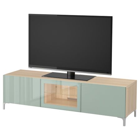 Тумба под ТВ с ящиками и дверцей БЕСТО, под беленый дуб Сельсвикен, глянцевый/серо-зеленый светлый прозрачное стекло (180x40x48