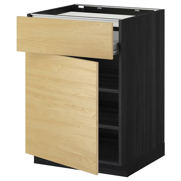 Напольный шкаф для варочной панели, ящик, полка, дверцы МЕТОД / ФОРВАРА, черный, Тингсрид береза (60x60 см) - фото 1