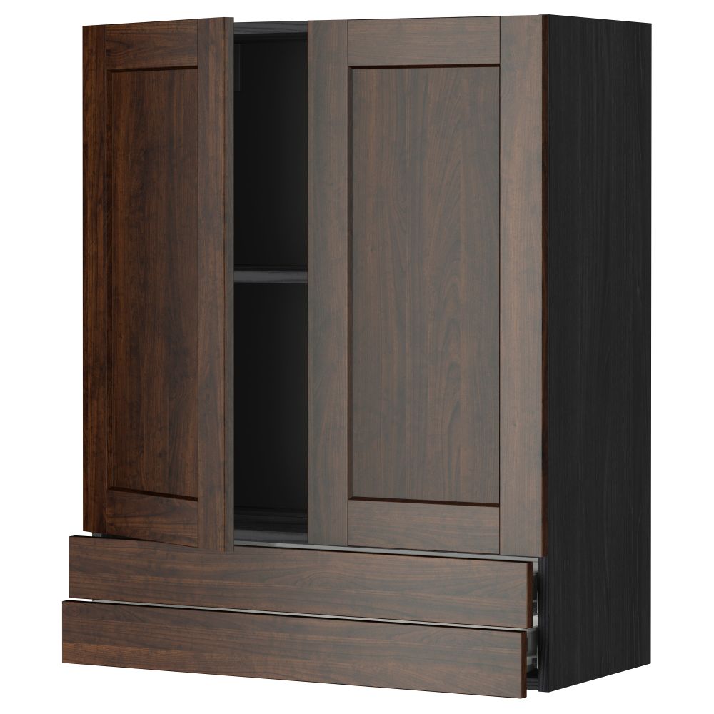 Навесной шкаф, 2 дверцы, 2 ящика МЕТОД / ФОРВАРА, черный, Эдсерум коричневый - фото 1