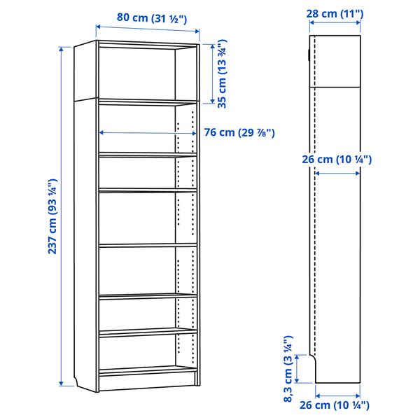 Стеллаж, 80x28x237 см, коричневый ясеневый шпон IKEA BILLY БИЛЛИ 892.177.51 - схема-чертеж с размерами
