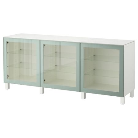 Комбинация для хранения с дверцами БЕСТО, белый Глассвик, глянцевый/серо-зеленый светлый прозрачное стекло (180x42x74 см)