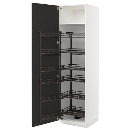 METOD Высокий шкаф с выдвижным модулем - белый/Nickebo матовый антрацит 60x60x220 см