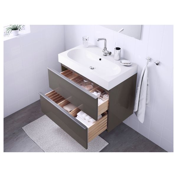 Шкаф для раковины с 2 ящиками, 80x48x68 см, глянцевый серый IKEA BRÅVIKEN БРОВИКЕН, GODMORGON ГОДМОРГОН 698.749.52 - фото 5