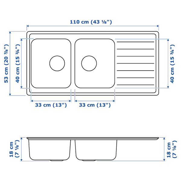 Двойная врезная мойка с крылом, нержавеющая сталь 110x53 см IKEA VATTUDALEN ВАТТУДАЛЕН 392.430.50 - фото 4
