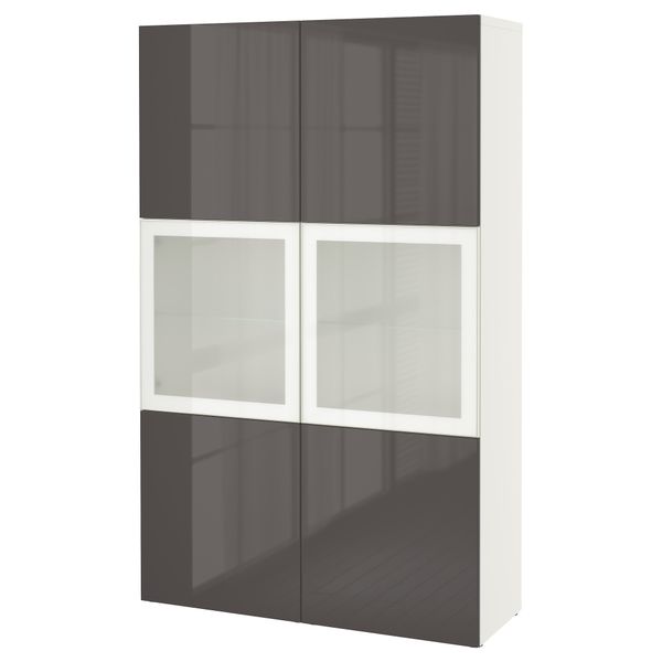 Комбинация для хранения со стеклянными дверцами БЕСТО, белый, Сельсвикен глянцевый/серый матовое стекло (120x40x192 см) - фото 1