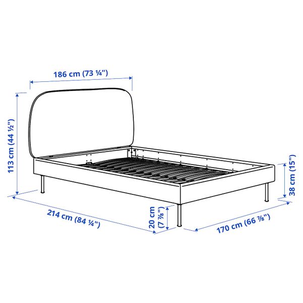 Каркас кровати с обивкой, Гуннаред светло-зеленый 160x200 см IKEA VADHEIM ВАДХЕЙМ 504.656.62 - схема-чертеж с размерами