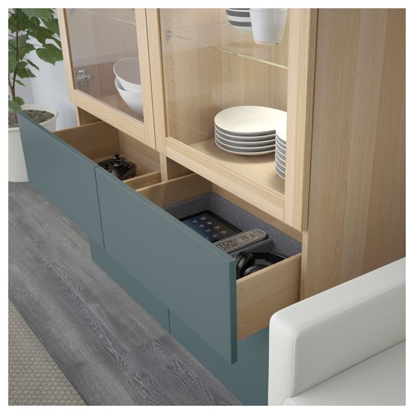 Комбинация для хранения со стеклянными дверцами БЕСТО, под беленый дуб, Вальвикен серо-бирюзовый, прозрачное стекло (120x40x128 - схема-чертеж с размерами