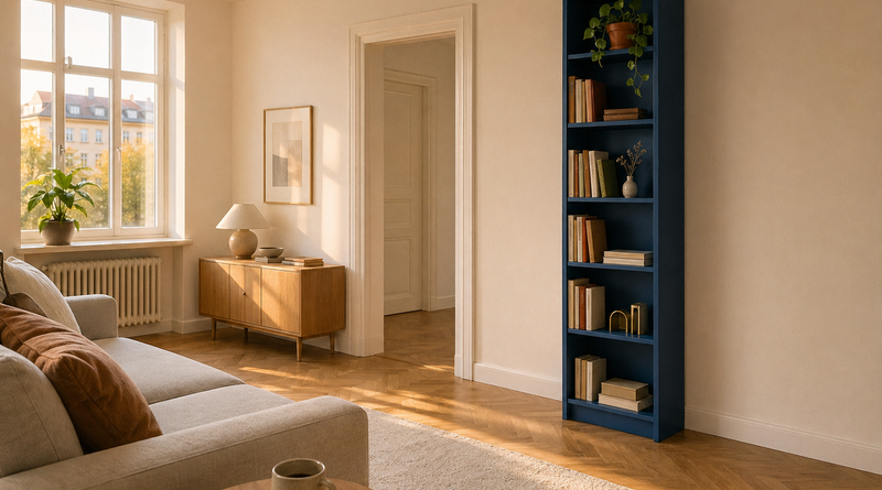 Синий IKEA BILLY 40×202 см в светлой скандинавской гостиной — книги в нейтральных тонах, золотистый свет из окна