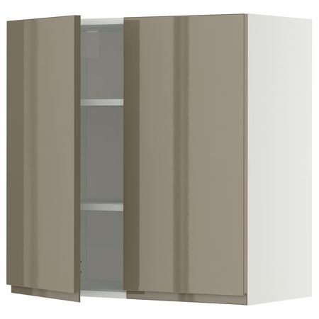 METOD Навесной шкаф с полками/2дверцы - белый/Voxtorp глянцевый темный серо-коричневый 80x80 см