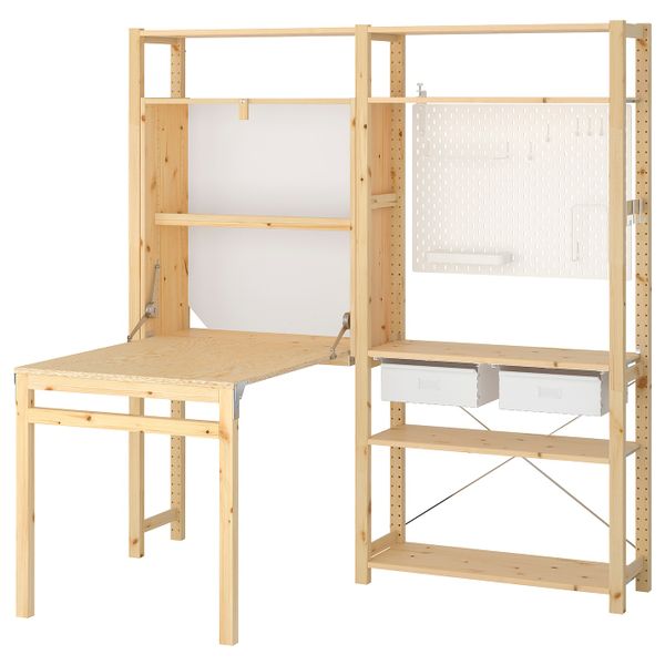 2 секции для хранения + складной столик, сосна, белый 174x30-104x179 см IKEA ИВАР 492.481.70 - фото 2