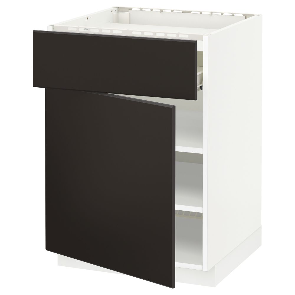 Напольный шкаф для варочной панели, ящик, полка, дверцы МЕТОД / ФОРВАРА, белый, Кунгсбакка антрацит (60x60 см) - фото 1