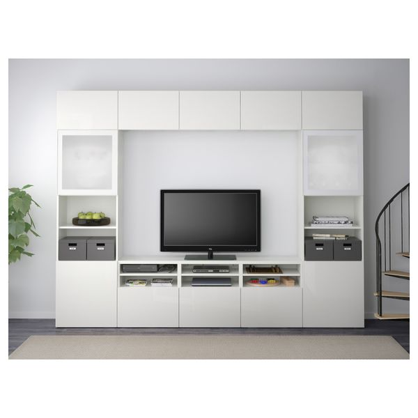 Шкаф для ТВ, комбинированный, стекляные дверцы БЕСТО, белый, Сельсвикен глянцевый/белый матовое стекло (300x40x230 см) - фото 2