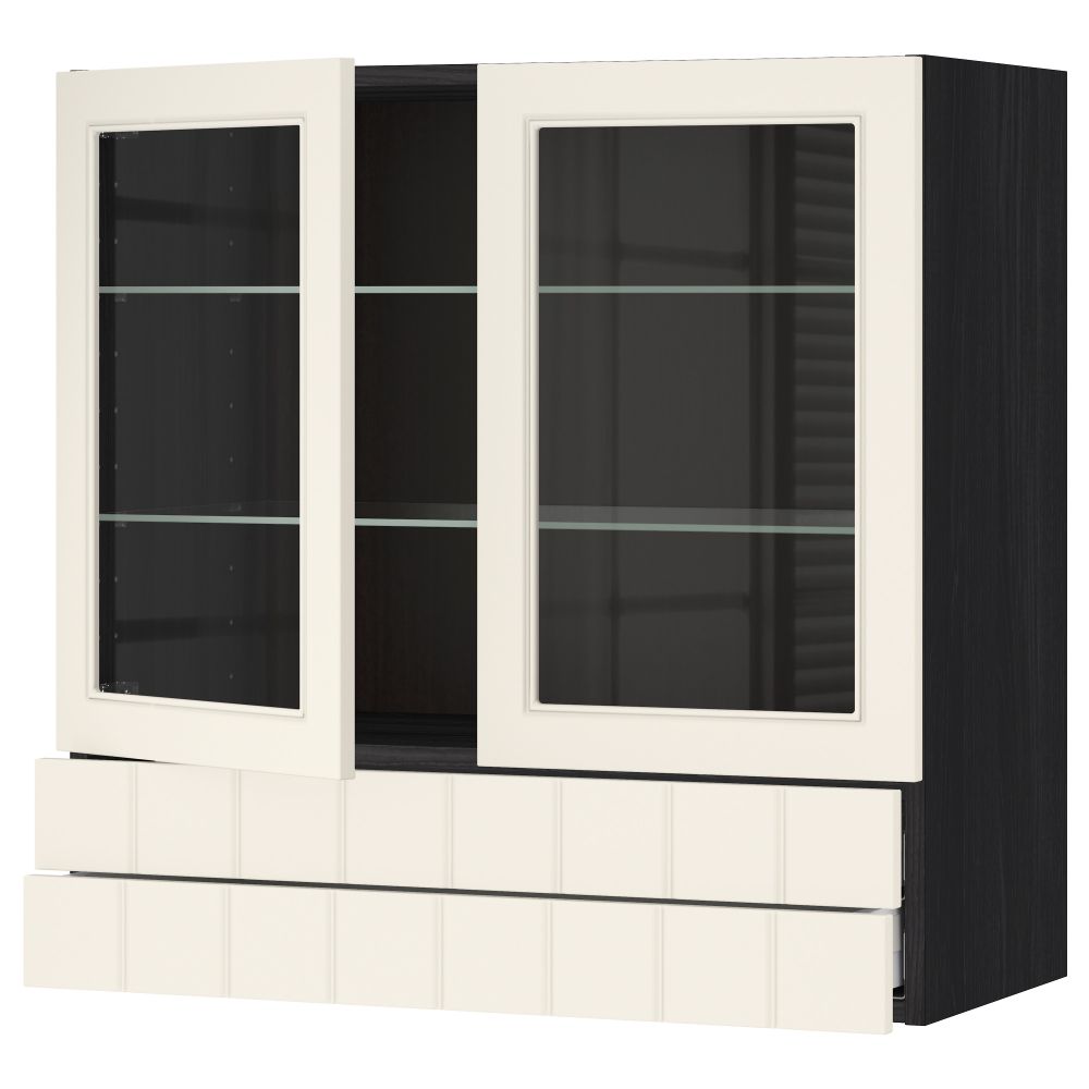 Навесной шкаф, 2 стеклянные дверцы, 2 ящика МЕТОД / МАКСИМЕРА, черный, Хитарп белый с оттенком - схема-чертеж с размерами