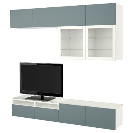 Шкаф для ТВ, комбинированный, стекляные дверцы БЕСТО, белый, Вальвикен серо-бирюзовый, прозрачное стекло (240x40x230 см)
