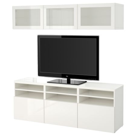Шкаф для ТВ, комбинированный, стекляные дверцы БЕСТО, белый, Сельсвикен глянцевый/белый матовое стекло (180x40x192 см)