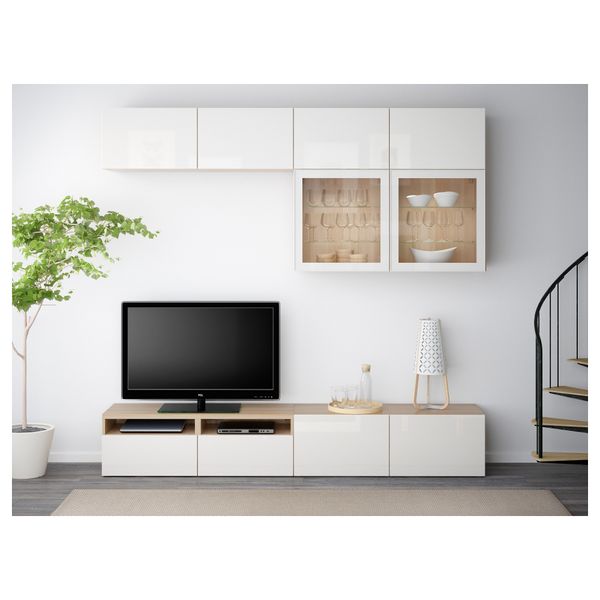 Шкаф для ТВ, комбинированный, стекляные дверцы БЕСТО, под беленый дуб, Сельсвикен глянцевый/белый прозрачное стекло (240x40x230 - фото 2