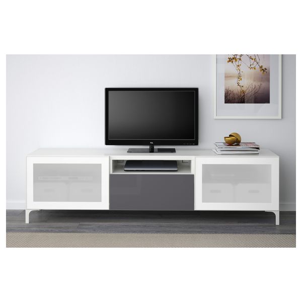 Тумба под ТВ БЕСТО, белый, Сельсвикен глянцевый/серый матовое стекло (180x40x48 см) - фото 2