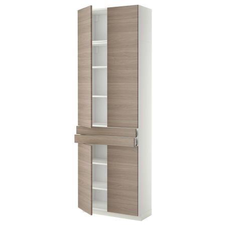 Высокий шкаф + полки, 2 ящика, 4 дверцы МЕТОД / МАКСИМЕРА, белый, Брокхульт светло-серый (80x37x240 см)