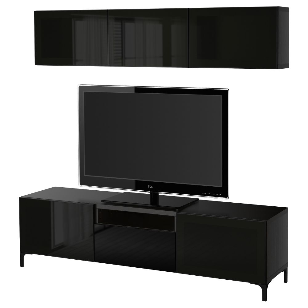 Шкаф для ТВ, комбинированный, стекляные дверцы БЕСТО, черно-коричневый, Сельсвикен глянцевый/черный дымчатое стекло - фото 1