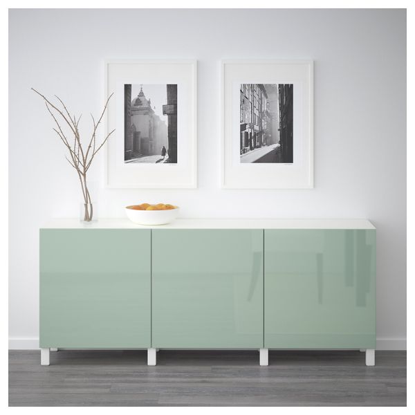 Комбинация для хранения с дверцами БЕСТО, белый, Сельсвикен глянцевый/серо-зеленый светлый (180x40x74 см) - фото 2