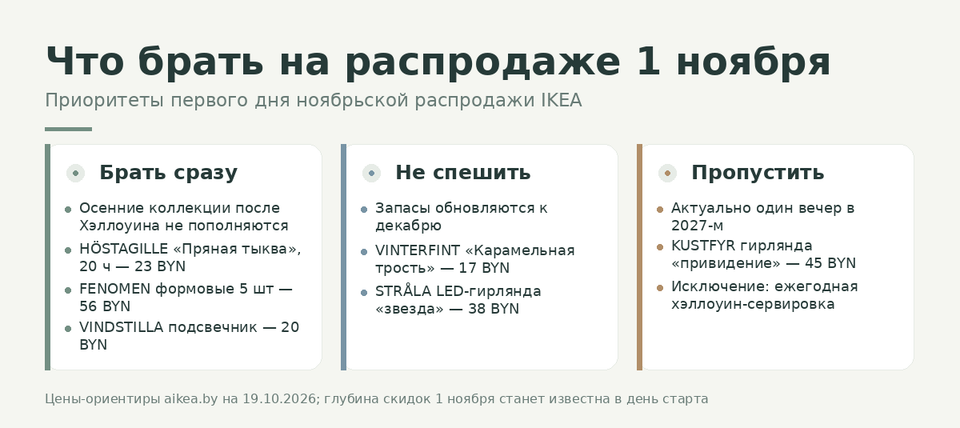 Чек-лист в три колонки: брать сразу (осенние свечи HÖSTAGILLE 23 BYN, FENOMEN 56 BYN, подсвечник VINDSTILLA 20 BYN), не спешить (VINTERFINT 17 BYN, гирлянда STRÅLA 38 BYN), пропустить (гирлянда KUSTFYR 45 BYN)