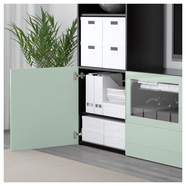 Шкаф для ТВ, комбинированный, стекляные дверцы БЕСТО, черно-коричневый Сельсвикен, глянцевый/серо-зеленый светлый прозрачное - фото 3