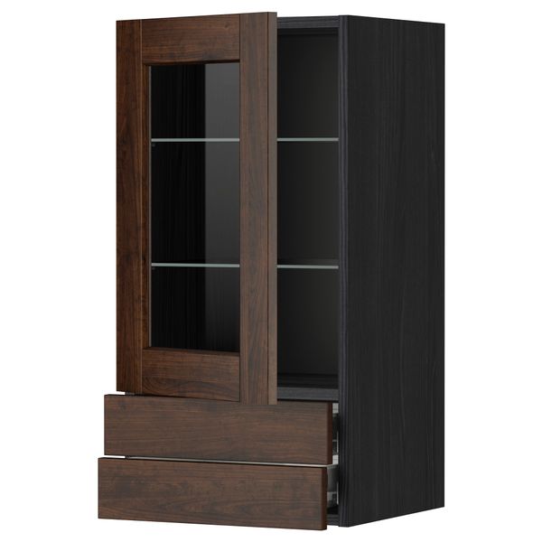 Навесной шкаф, стеклянная дверца, 2 ящика МЕТОД / ФОРВАРА, черный, Эдсерум коричневый - фото 1