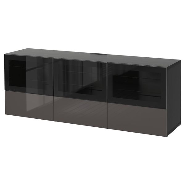 Тумба под ТВ, с дверцами и ящиками БЕСТО, черно-коричневый, Сельсвикен глянцевый/серый прозрачное стекло (180x40x64 см) - фото 1