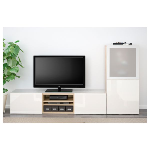 Шкаф для ТВ, комбинированный, стекляные дверцы БЕСТО, под беленый дуб, Сельсвикен глянцевый/белый матовое стекло (240x40x128 см) - фото 2