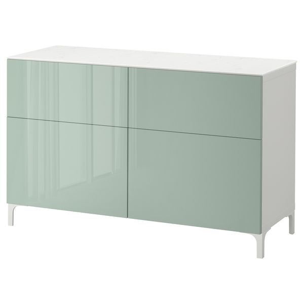 Комбинация для хранения с дверцами, ящиками БЕСТО, белый, Сельсвикен глянцевый/серо-зеленый светлый (120x42x74 см) - фото 1