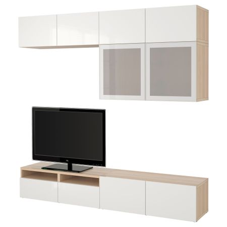 Шкаф для ТВ, комбинированный, стекляные дверцы БЕСТО, под беленый дуб, Сельсвикен глянцевый/белый матовое стекло (240x40x230 см)