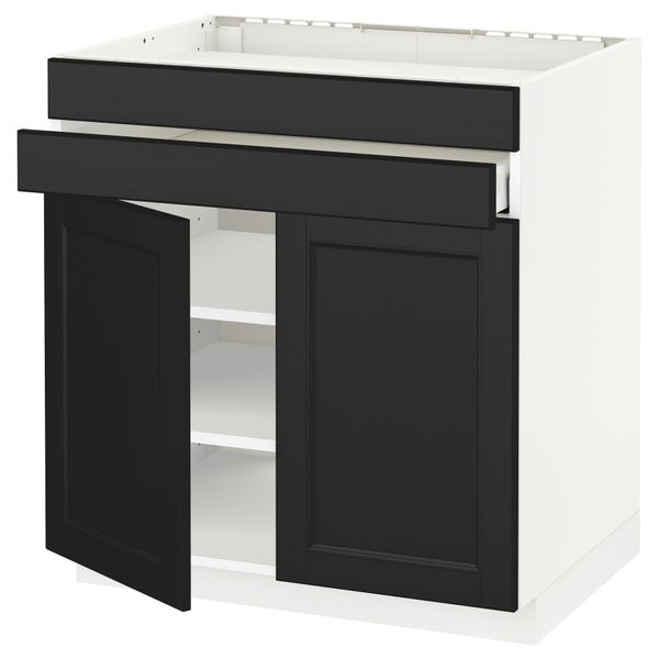 Напольный шкаф для варочной панели, 2 ящика, 2 фасада, 1 ящик МЕТОД / МАКСИМЕРА, белый, Лаксарби черно-коричневый (80x60 см) - схема-чертеж с размерами
